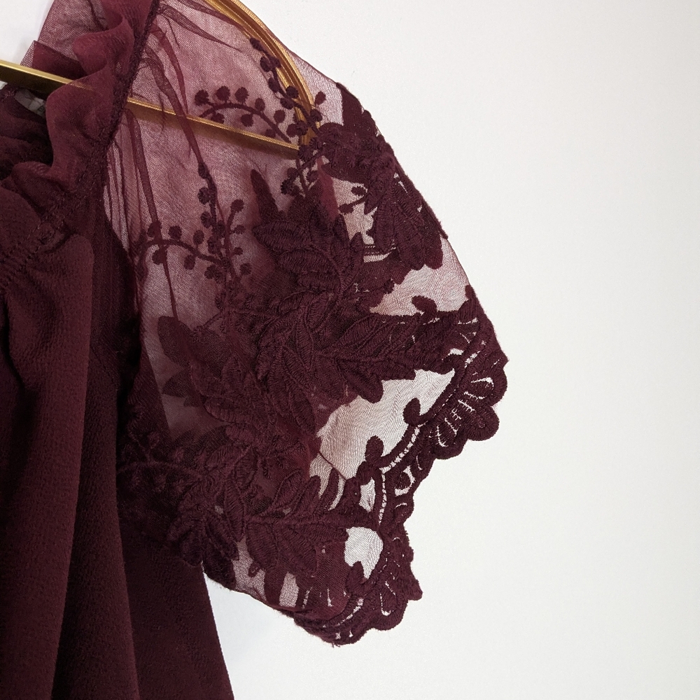 Iris Medium Burgundy Sheer Floral Lace Sleeve Off the Shoulder‎ Flowy Top Blouse - Picture 2 of 9